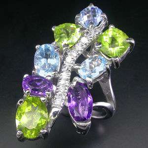 NATURAL PERIDOT AMETHYST TOPAZ 925 SILVER FLORAL RING - RING SIZE 6.75