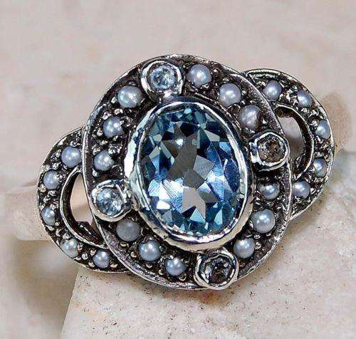 Aquamarine & Seed Pearl 925 Silver Filigree Ring