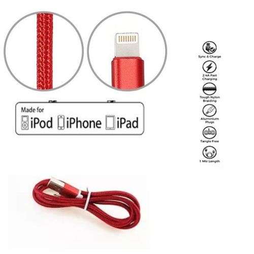 Nylon Braided DATA LIGHTNING CABLE FOR iPhone 5,5s+c,5s,6,6s,6+,6s+,iPad4,iPad5,iPod - Maroon Red