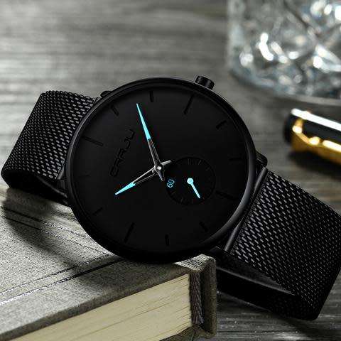 Crrju Mens Ultra Thin Black Stainless Steel Water Proof Watch