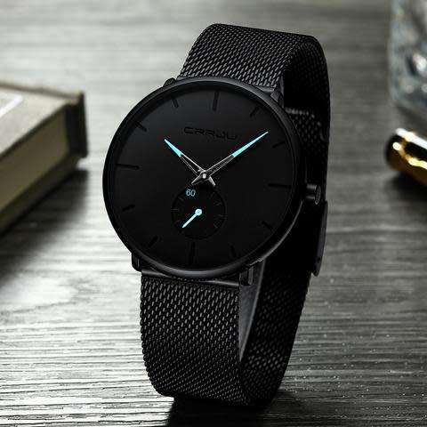 Crrju Mens Ultra Thin Black Stainless Steel Water Proof Watch