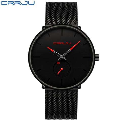 Crrju Mens Ultra Thin Black Stainless Steel Water Proof Watch