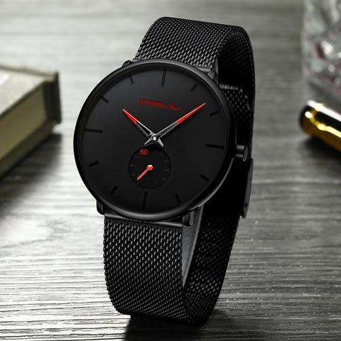 Crrju Mens Ultra Thin Black Stainless Steel Water Proof Watch