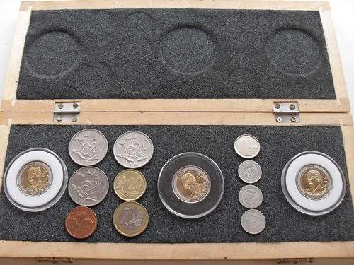SET OF DIFFERENT COINS IN WOODEN CASING!!!EXCELLENT SET TO HAVE!!!!
