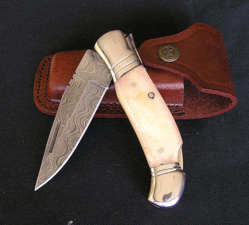 Custom Hand Made Damascus Steel Lockback Knife - Camel Bone Handles
