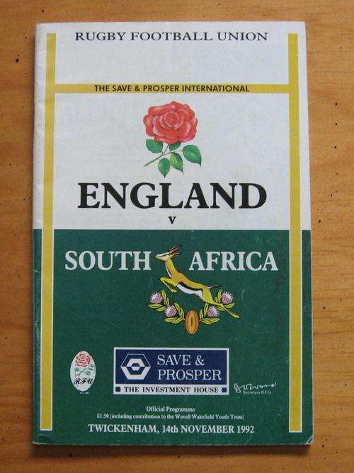 Official rugby programme - SOUTH AFRICA vs ENGLAND - 1992 at Twickenham