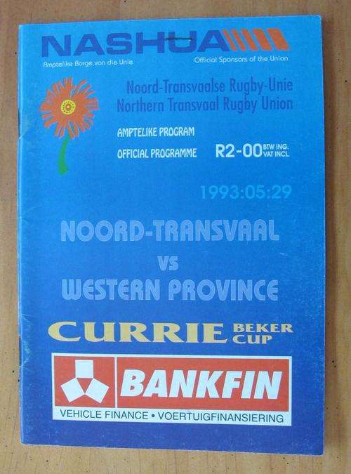 Official rugby programme - 1993 Bankfin Currie Cup - NORTHERN TRANSVAAL vs WESTERN PROVINCE