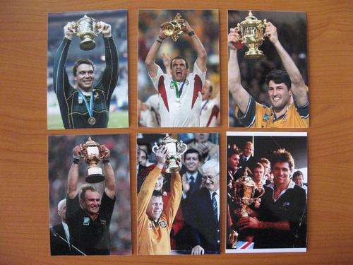 Gloss postcard size photos of the six Rugby World Cup winning captains raising the trophy
