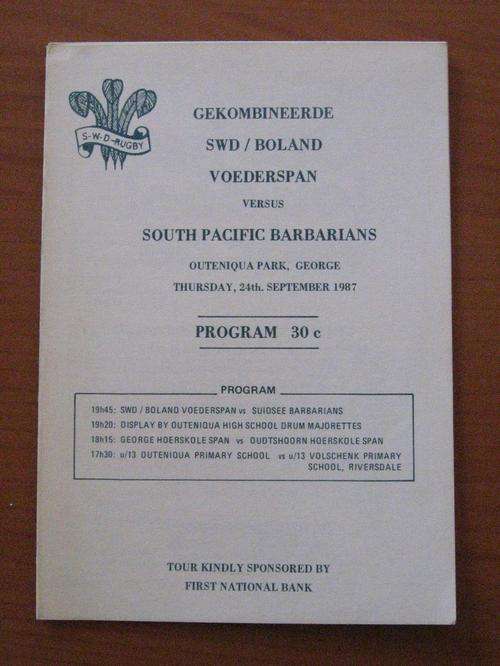 Official rugby programme - SOUTH PACIFIC BARBARIANS vs SOUTH WESTERN DISTRICTS/BOLAND - 1987