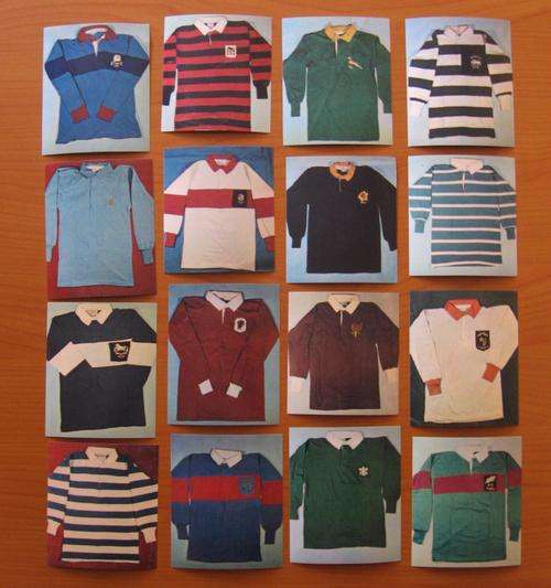 Gloss photos of 16 different provincial rugby jerseys which was used during the 1960 and 1970