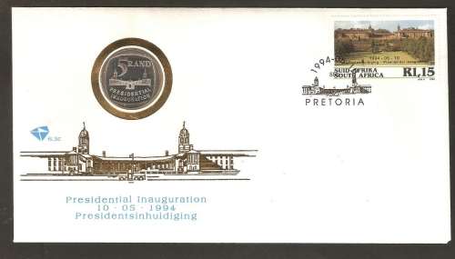 1994 South Africa Mandela Inauguration First Day Cover with R5 coin.Missing steps variety