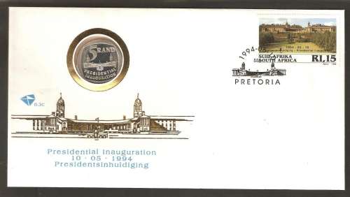 1994 South Africa Mandela Inauguration First Day Cover with R5 coin.  Immaculate bargain