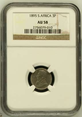 RARE 1895 ZAR 3 PENCE TICKEY AU58 (NGC).