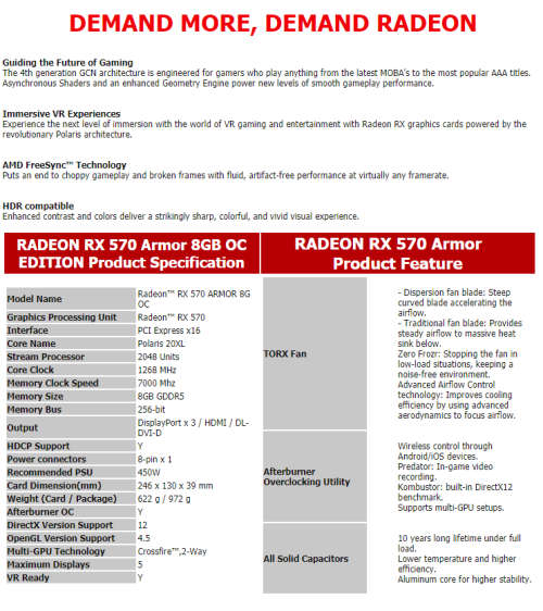 MSI Radeon RX 570 8GB Armor OC Edition GDDR5 Graphics Card