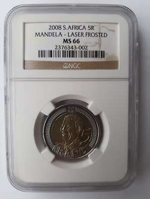 ** CRAZY R1 START ** NO RESERVE ** 2008 MANDELA 90TH BIRTHDAY R5 COIN ** MS66 LASER FROSTED **