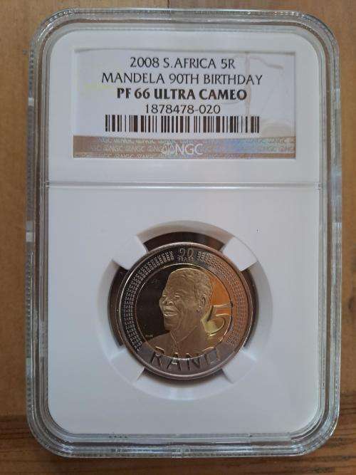 ** CRAZY R1 START ** NO RESERVE ** 2008 MANDELA 90TH BIRTHDAY R5 PROOF COIN PF66 **