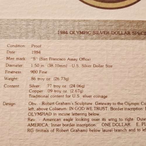 1984 USA Olympic $1 Proof .900 Silver Coin with certification