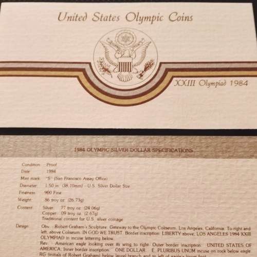 1984 USA Olympic $1 Proof .900 Silver Coin with certification