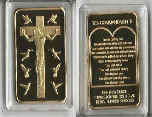 Bargain Ten Commandments Gold Clad Bar one Troyounce.999 Fine Gold