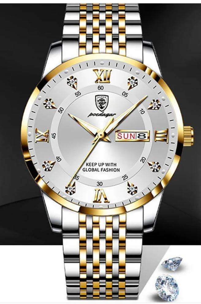 Poedagar - Silver and Gold Stainless Steel Men`s Watch with White Dial