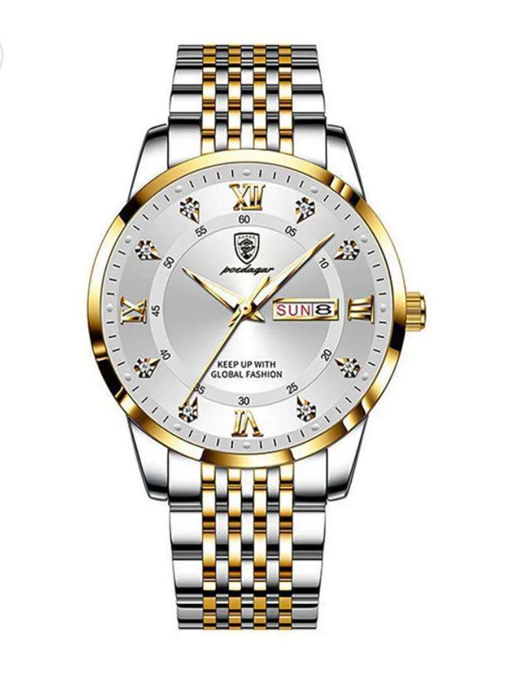 Poedagar - Silver and Gold Stainless Steel Men`s Watch with White Dial