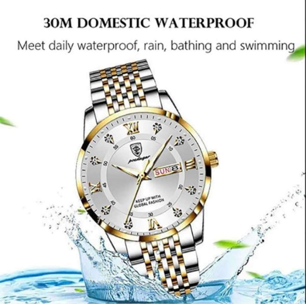 Poedagar - Silver and Gold Stainless Steel Men`s Watch with White Dial