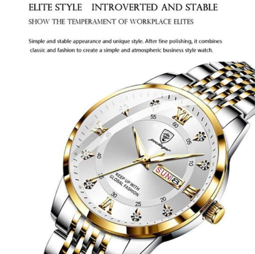 Poedagar - Silver and Gold Stainless Steel Men`s Watch with White Dial