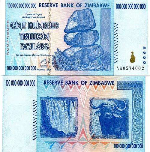 ZIMBABWE 100 TRIILLION DOLLARS P-91 UNC NOTE Buffalo 2008