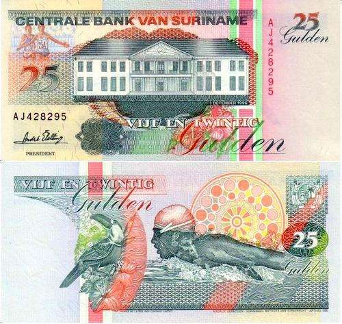 SURINAME 25 GULDEN P-138c UNC NOTE Olympian swimmer 1996