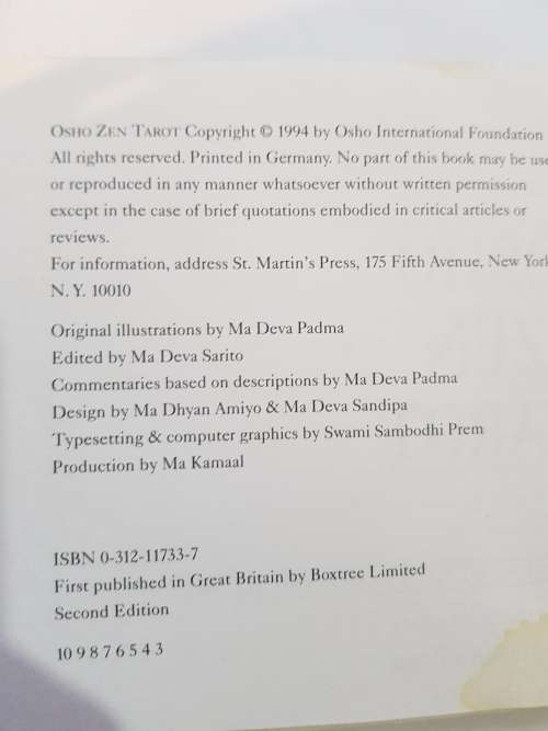 Osho Zen Tarot, The Transcendental Game Of Zen, Instruction Book