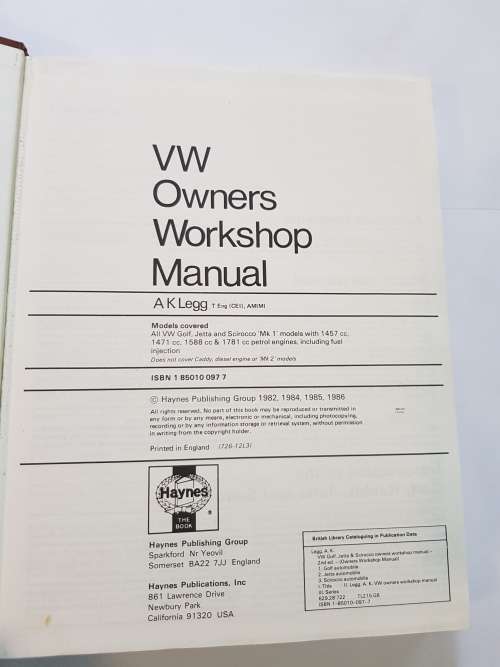 VW Golf, Jetta, Scirocco 1974-1985 Haynes Owners Workshop Manual