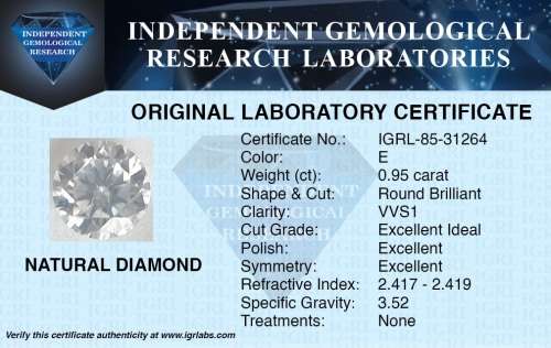 ***IGRL LAB CERTIFIED*** ***R126400*** 0.95ct STUNNING FIRE "E" COLOUR VVS1 CLARITY NATURAL DIAMOND