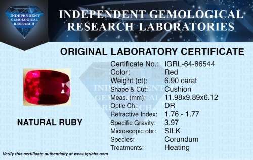 ***Stunning*** ***RARE*** IGRL Lab Certified 6.90 Ct Natural Cushion Cut Red Ruby