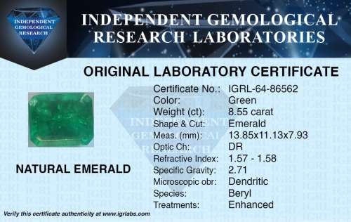 ***Stunning*** ***RARE*** IGRL Lab Certified 8.55 Ct Natural Colombian Green Emerald