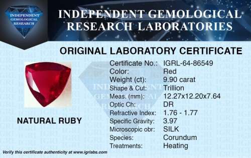 ***Stunning*** ***RARE*** IGRL Lab Certified 9.90 Ct Natural Trillion Cut Red Ruby
