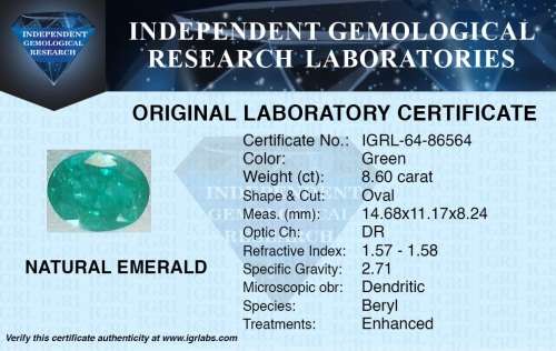 ***Stunning*** ***RARE*** IGRL Lab Certified 8.60 Ct Natural Colombian Green Emerald