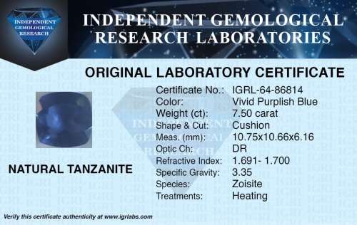***Stunning*** ***RARE*** IGRL Certified 7.50 Ct Natural Cushion Cut Vivid Purplish Blue Tanzanite