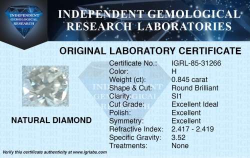 ***IGRL LAB CERTIFIED*** ***R68357*** 0.845ct STUNNING FIRE "H" COLOUR SI1 CLARITY NATURAL DIAMOND