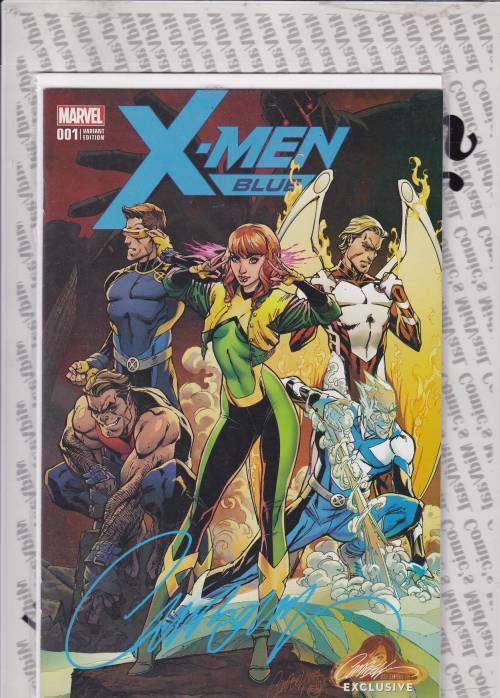 THE X-MEN BLUE # 1 A J SCOTT CAMPBELL EXCLUSIVE SIGNED BY J SCOTT CAMPBELL IN BLUE WITH A COA.
