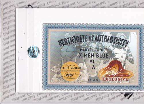 THE X-MEN BLUE # 1 A J SCOTT CAMPBELL EXCLUSIVE SIGNED BY J SCOTT CAMPBELL IN BLUE WITH A COA.
