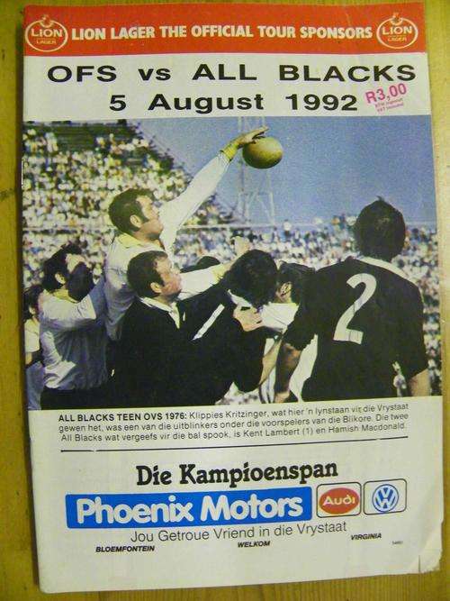 Rugby Programme - 1992 Orange Free State vs The All Blacks