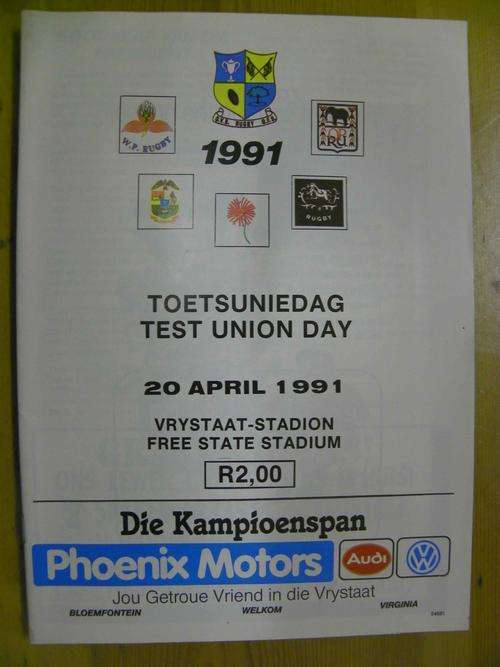 Rugby Progamme - 1991 Cheetahs Test Union Day
