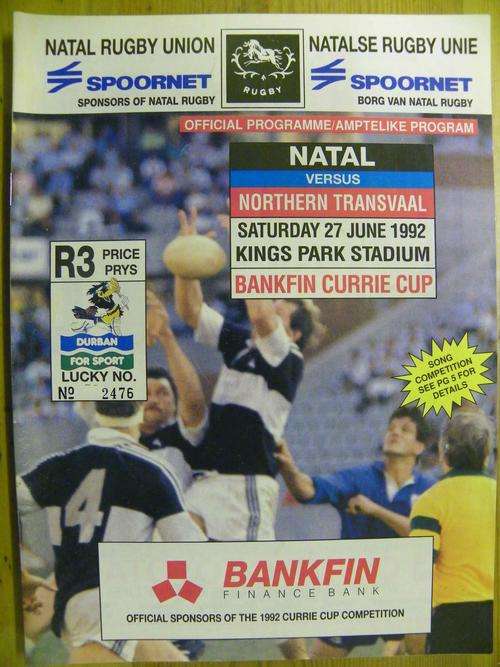 Rugby Programme - 1992 Currie Cup Natal vs Northern Transvaal