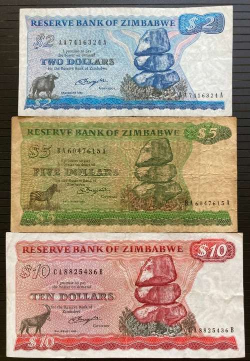 Zimbabwe 1980 $2, $5 (Rare) and $10