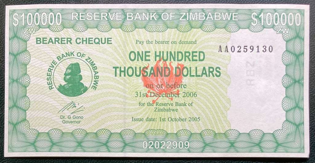 Zimbabwe 2005 $100,000 AA serial no UNC Bearer Cheque