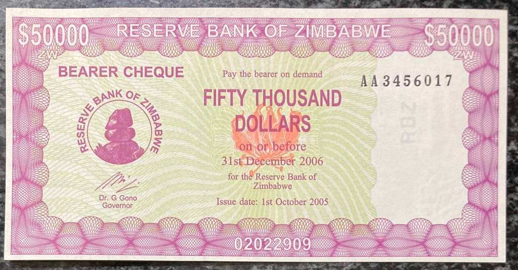 Zimbabwe 2005 $50,000 AA serial no. UNC RARE