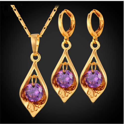 Luxury Cubic Zirconia jewelry set .18K Gold Filled. Purple crystal. In fancy Gold Gift box.