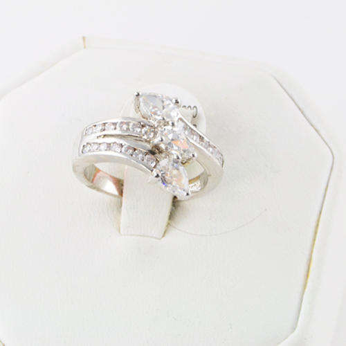 14KT White GP Clear CZ 3 Pear Bypass Ring - Size 7