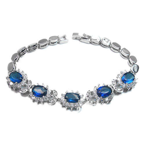 OVAL CUT BLUE SAPPHIRE WHITE GOLD PLATED TENNIS BRACELET