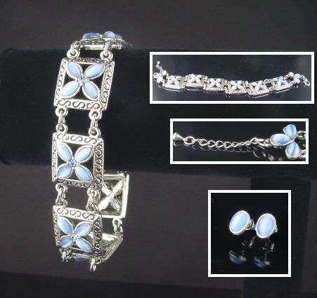 ANTIQUED SILVER MOONSTONE & SAPPHIRE BRACELET & EAR SET